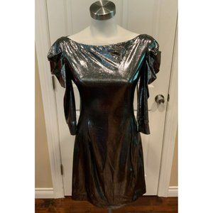 Just Cavalli Metallic Silver Patterned Dress W/Puffy Sleeves Size 8 (US) 44 (IT)